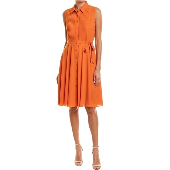 NANETTE LEPORE Fire Starter Orange Pintucked Sleeveless Shirtdress Size 6 - Picture 1 of 14